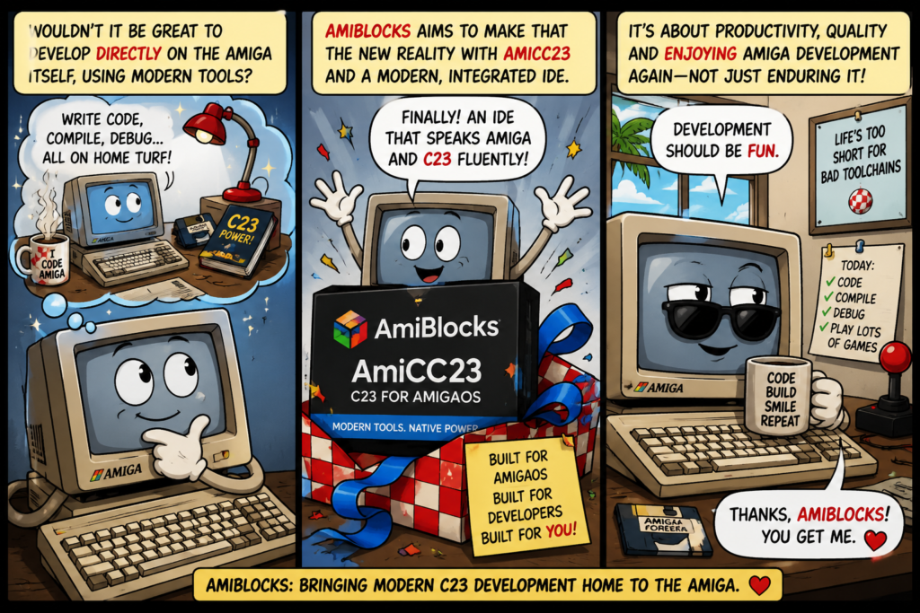 Three-panel comic showing a classic Amiga dreaming of modern native development, discovering AmiBlocks and AmiCC23, and happily coding, compiling and debugging directly on AmigaOS.