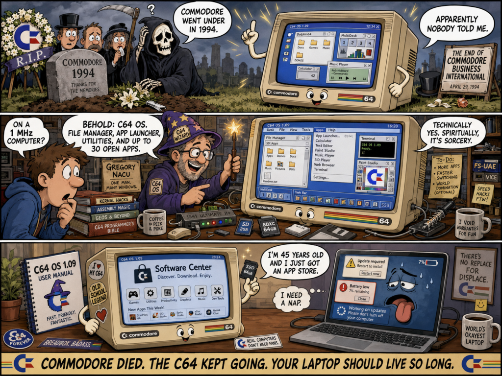 Three-panel comic showing the Commodore 64 outliving Commodore’s 1994 collapse, then running C64 OS with modern-style features like file management, multitasking and an app store, while a tired modern laptop struggles with updates.