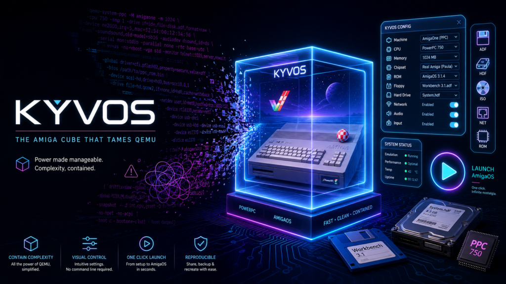 Kyvos graphical frontend taming QEMU complexity with a glowing Amiga-inspired virtual machine cube and configuration interface.