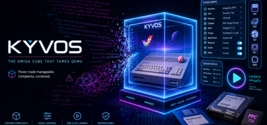 Kyvos graphical frontend taming QEMU complexity with a glowing Amiga-inspired virtual machine cube and configuration interface.