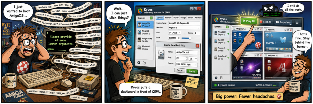 Three-panel Kyvos comic showing a frustrated Amiga user escaping complex QEMU commands through a simple graphical interface.
