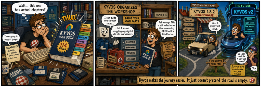 Three-panel Kyvos comic showing its 114-page manual, organised setup process, and the choice between Kyvos 1.8.2 donationware and Kyvos v2.