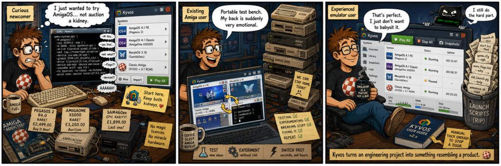 Three-panel Kyvos comic showing a newcomer avoiding costly Amiga hardware, an existing user testing multiple virtual systems, and an expert replacing launch scripts with a clean GUI.