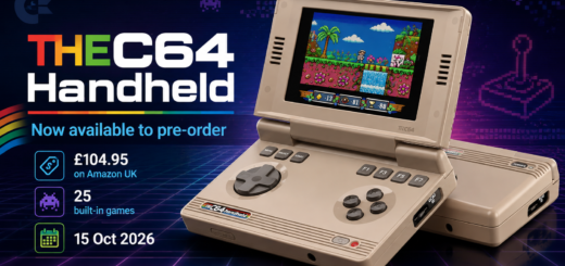 THEC64 Handheld beige clamshell gaming console with retro game on screen and pre-order details for £104.95, 25 built-in games and 15 October 2026 release.