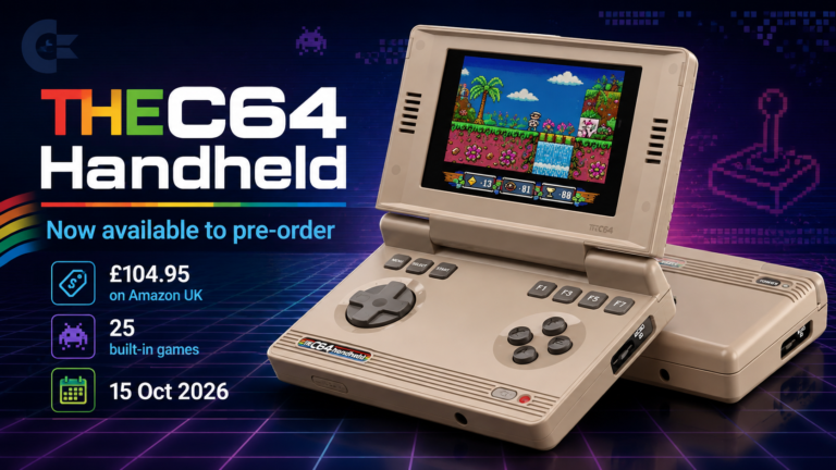 THEC64 Handheld beige clamshell gaming console with retro game on screen and pre-order details for £104.95, 25 built-in games and 15 October 2026 release.