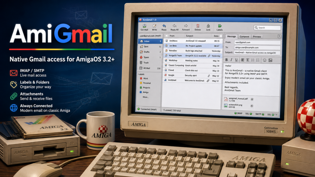 Classic Amiga computer running AmiGmail, a native Gmail client for AmigaOS 3.2+ with Inbox, labels, attachments and IMAP/SMTP support.