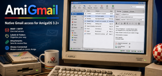 Classic Amiga computer running AmiGmail, a native Gmail client for AmigaOS 3.2+ with Inbox, labels, attachments and IMAP/SMTP support.