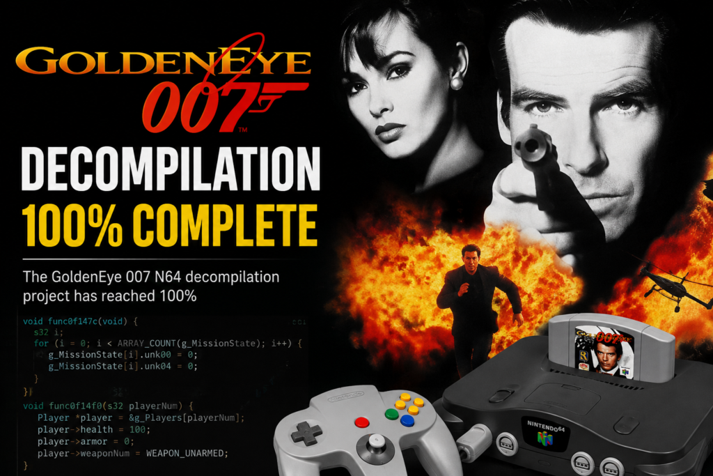 GoldenEye 007 N64 decompilation featured image celebrating the project reaching 100% completion, with Nintendo 64 hardware, source code and action imagery.