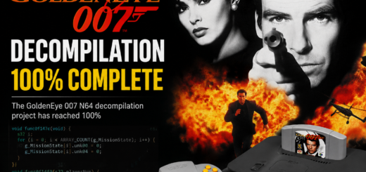 GoldenEye 007 N64 decompilation featured image celebrating the project reaching 100% completion, with Nintendo 64 hardware, source code and action imagery.