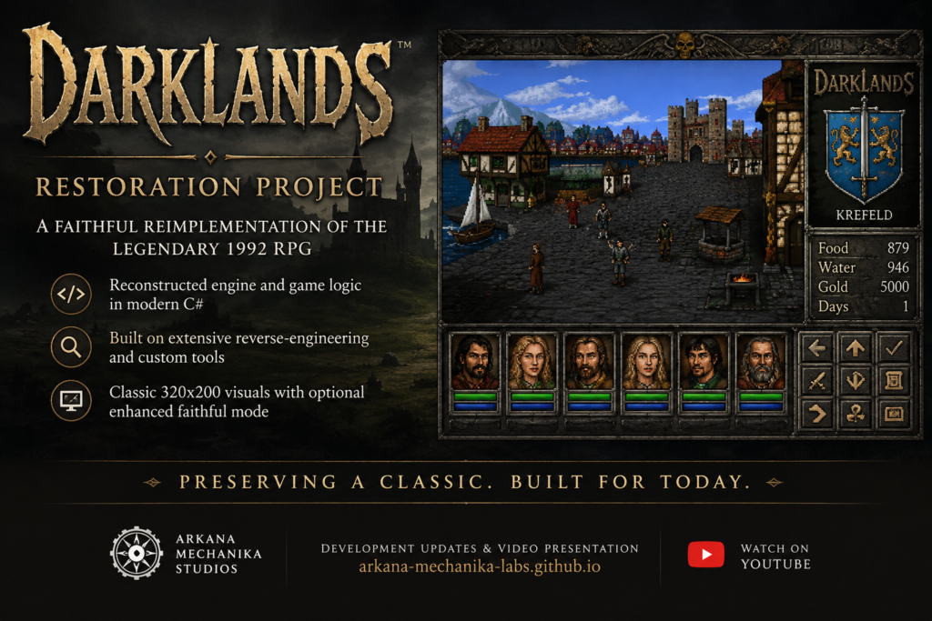 Darklands Restoration Project artwork showing a reconstructed medieval city scene, character portraits and classic RPG interface elements.
