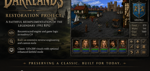 Darklands Restoration Project artwork showing a reconstructed medieval city scene, character portraits and classic RPG interface elements.