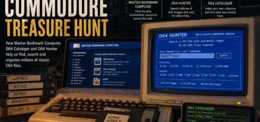 Commodore 64 computer surrounded by floppy disks and retro displays representing Master Bookmark Computer, D64 Hunter and D64 Cataloger.