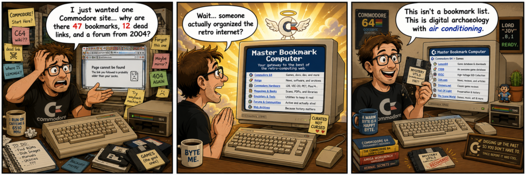 Three-panel comic of a Commodore fan discovering Master Bookmark Computer after struggling with dead retro-computing links and old websites.