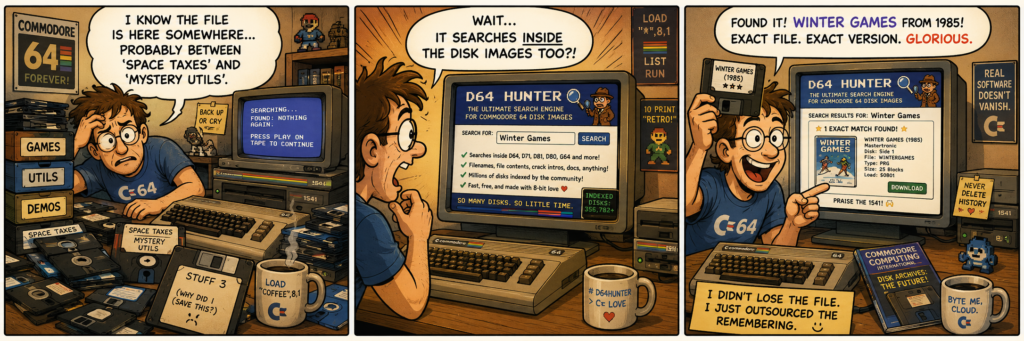 Three-panel comic of a Commodore 64 fan using D64 Hunter to find a forgotten file hidden inside a large collection of disk images.