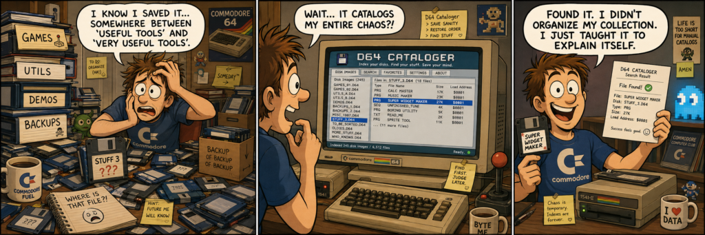 Three-panel comic of a Commodore user organising a chaotic disk-image collection with D64 Cataloger and finding a previously lost file.