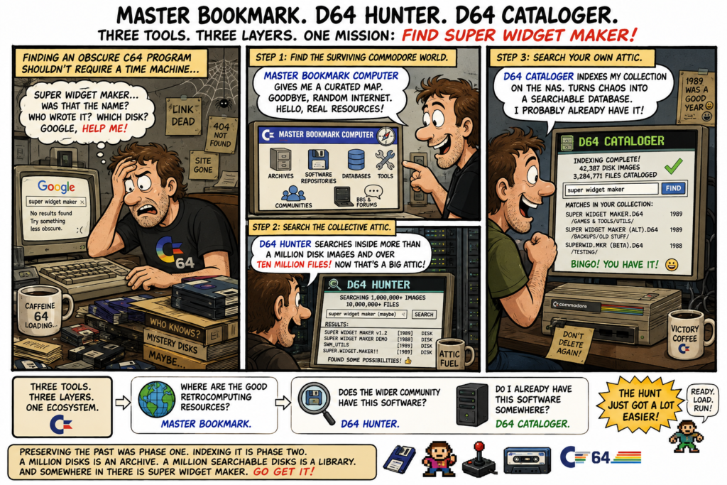 Three-panel comic showing a Commodore 64 fan using Master Bookmark Computer, D64 Hunter and D64 Cataloger to track down a forgotten C64 program.