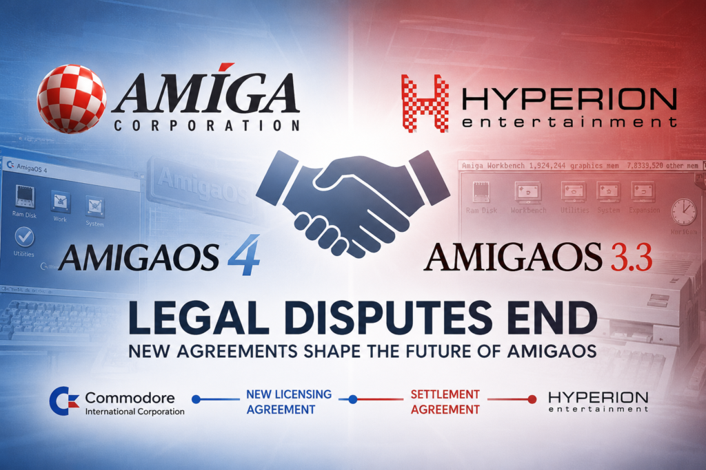 Amiga Corporation and Hyperion Entertainment logos above a handshake, with AmigaOS 4 and AmigaOS 3.3 imagery and text announcing the end of legal disputes.