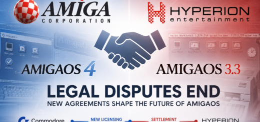 Amiga Corporation and Hyperion Entertainment logos above a handshake, with AmigaOS 4 and AmigaOS 3.3 imagery and text announcing the end of legal disputes.