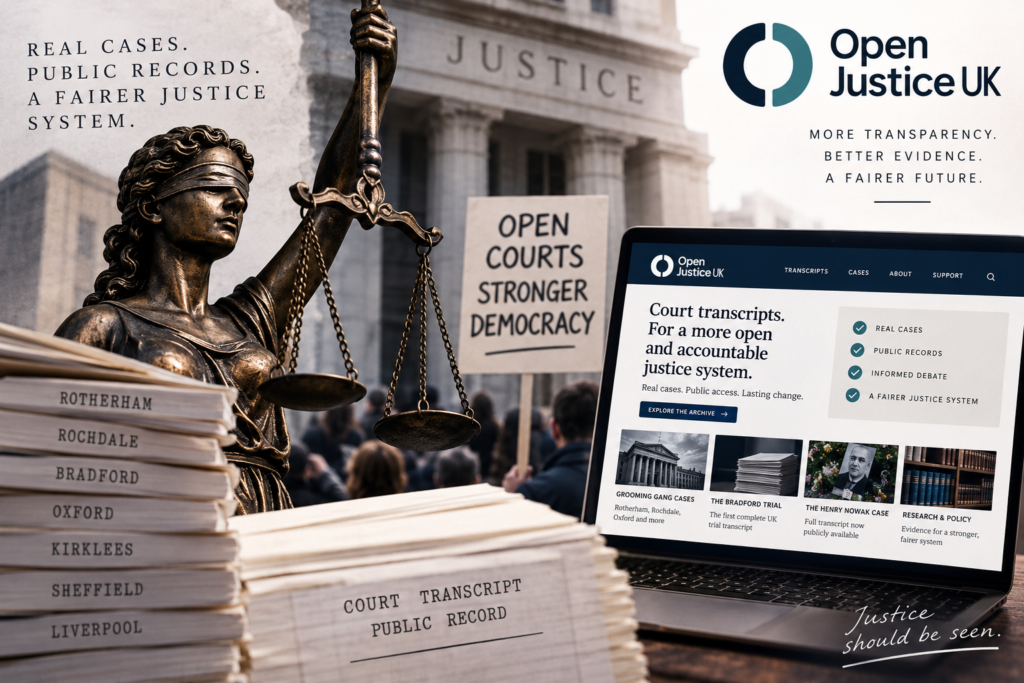 Lady Justice beside stacks of UK court transcripts and a laptop displaying the Open Justice UK archive, symbolising transparency and public access to justice.