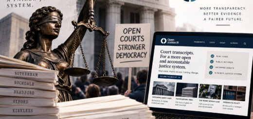Lady Justice beside stacks of UK court transcripts and a laptop displaying the Open Justice UK archive, symbolising transparency and public access to justice.