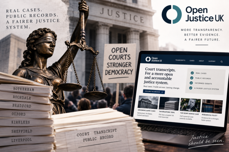 Lady Justice beside stacks of UK court transcripts and a laptop displaying the Open Justice UK archive, symbolising transparency and public access to justice.