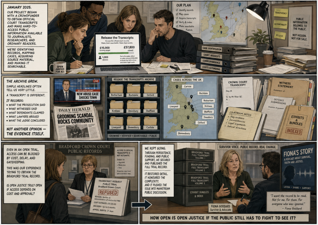 Three-panel comic showing Open Justice UK launching a transcript crowdfunder, building a searchable archive of grooming-gang court records, and overcoming barriers to publish the Bradford trial transcript.