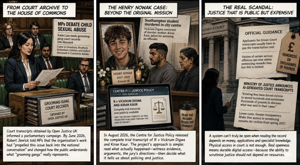 Three-panel comic showing court transcripts influencing debate in the House of Commons, the Henry Nowak case and publication of its trial transcript, and the high cost of accessing Crown Court records.