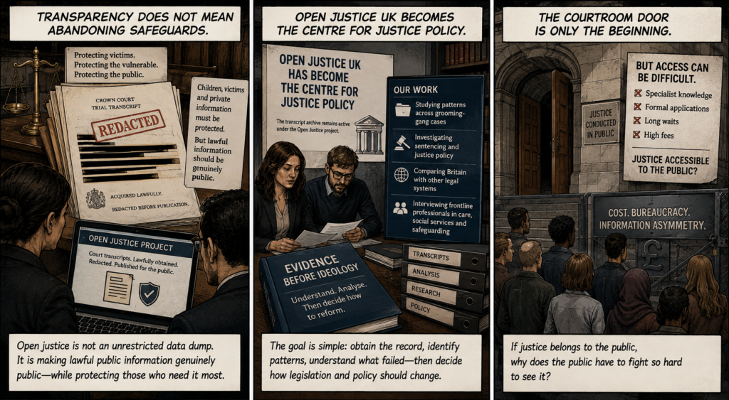 Three-panel comic showing redacted court transcripts protecting vulnerable people, Open Justice UK becoming the Centre for Justice Policy, and members of the public facing barriers to accessing court records.