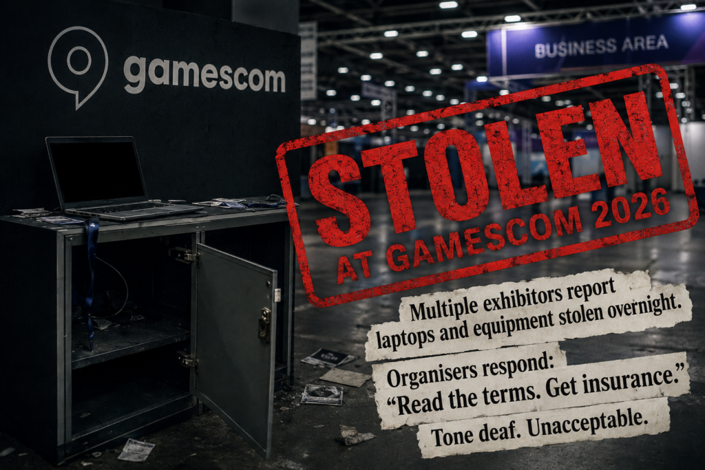 Editorial illustration of an emptied Gamescom booth with an open cabinet, laptop and a large red “Stolen at Gamescom 2026” stamp.
