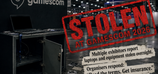 Editorial illustration of an emptied Gamescom booth with an open cabinet, laptop and a large red “Stolen at Gamescom 2026” stamp.