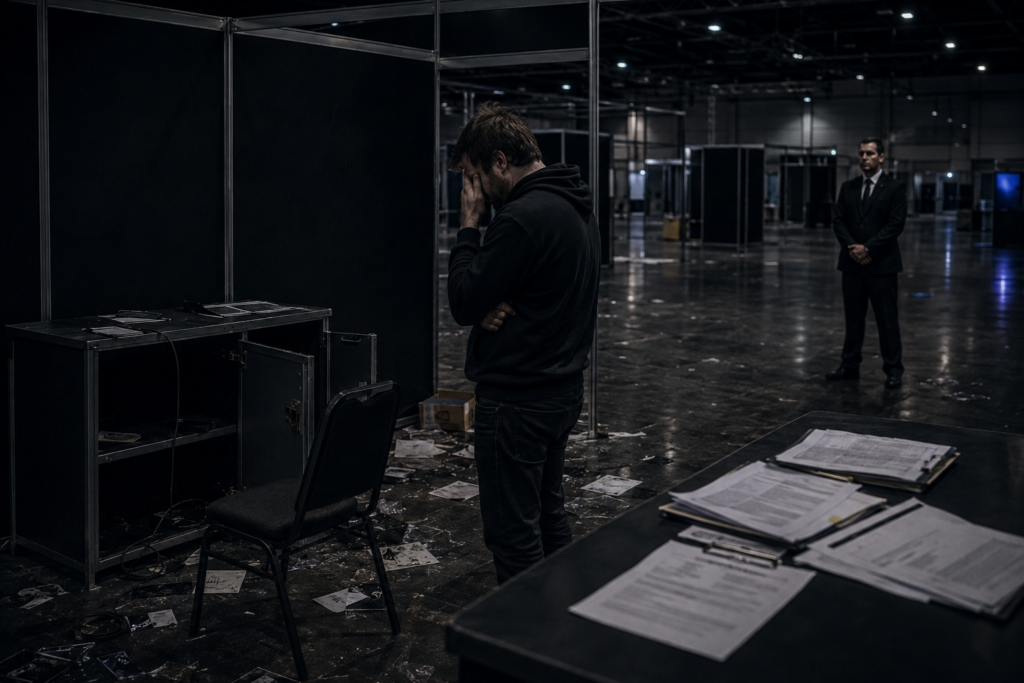 Editorial illustration of a distressed exhibitor beside an emptied cabinet while an official stands at a distance and contracts cover a nearby table.