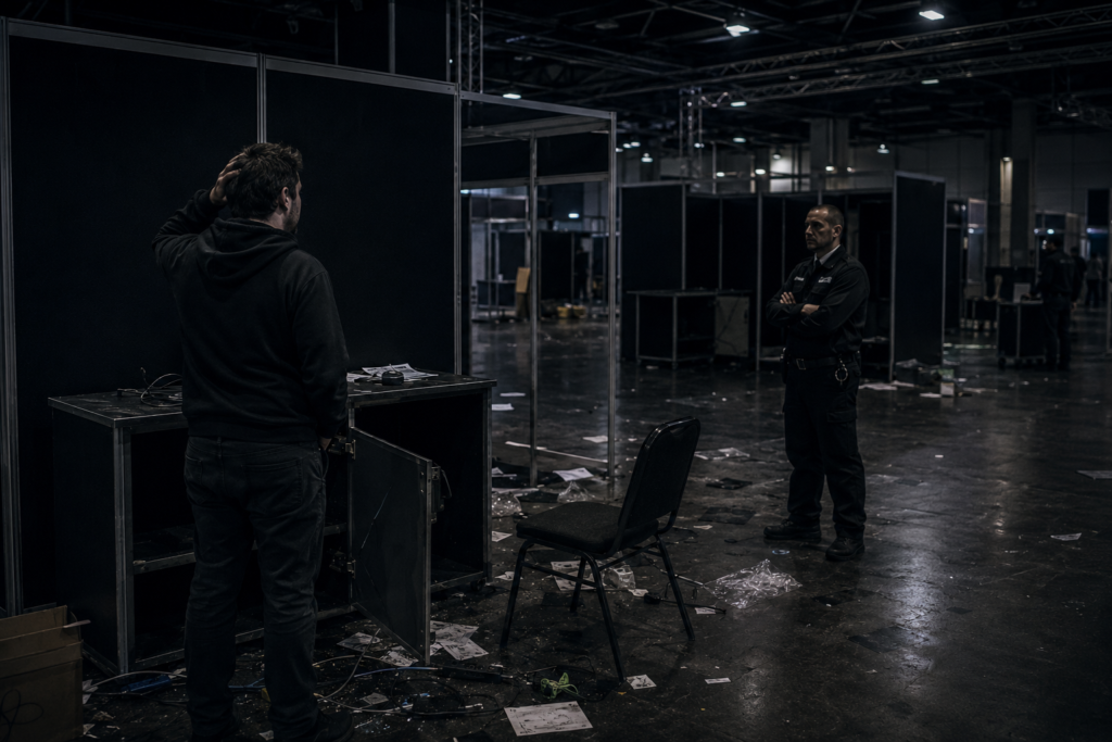 Editorial illustration of a distressed exhibitor facing an impassive security guard beside an open equipment cabinet in a dark, disordered exhibition hall.