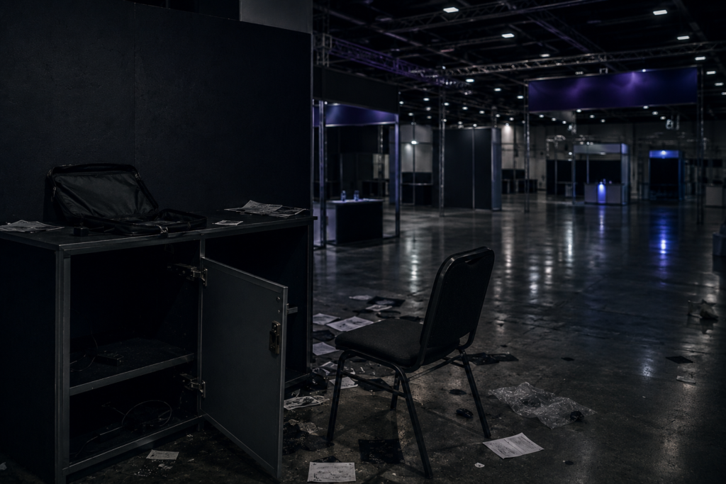 Empty exhibition booth in a dark convention hall with an open cabinet, abandoned chair, laptop bag and papers scattered across the floor.