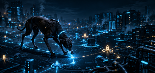 A cyber hound follows glowing network paths through a dark digital city, revealing hidden devices, servers and secured nodes.