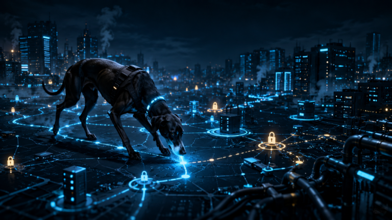 A cyber hound follows glowing network paths through a dark digital city, revealing hidden devices, servers and secured nodes.