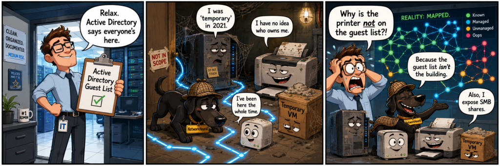 Three-panel comic showing an IT administrator trusting an Active Directory guest list while NetworkHound discovers a forgotten server, printer, appliance and temporary virtual machine hidden on the network.