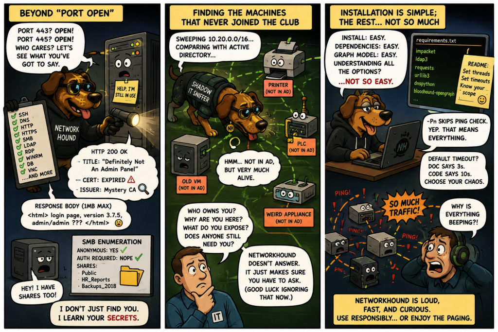 Three-panel comic showing NetworkHound inspecting web services and SMB shares, uncovering shadow IT devices outside Active Directory, and causing a storm of network traffic after aggressive scan settings are enabled.
