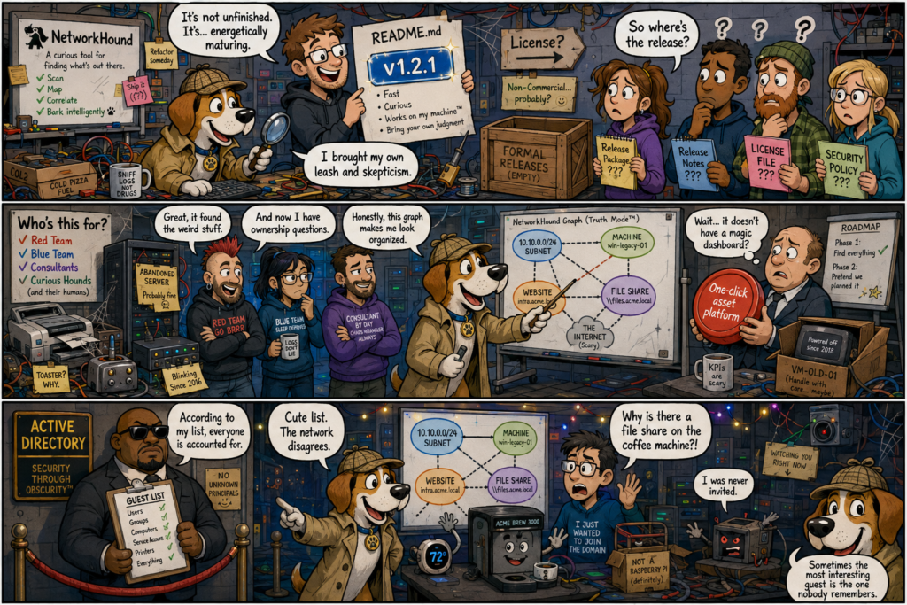 Three-panel comic showing NetworkHound as a detective dog examining an immature security project, mapping forgotten network assets and discovering a coffee machine exposing a file share outside Active Directory.