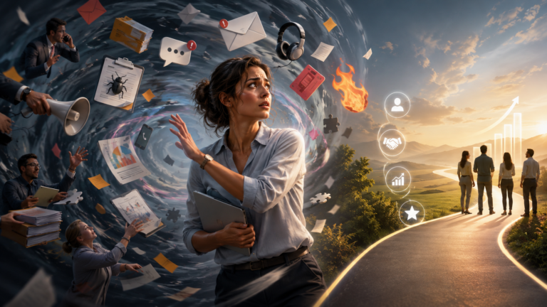 A Customer Success professional caught between a storm of emails, bugs, escalations and competing demands, and a clear path towards teamwork, customer value and sustainable growth.