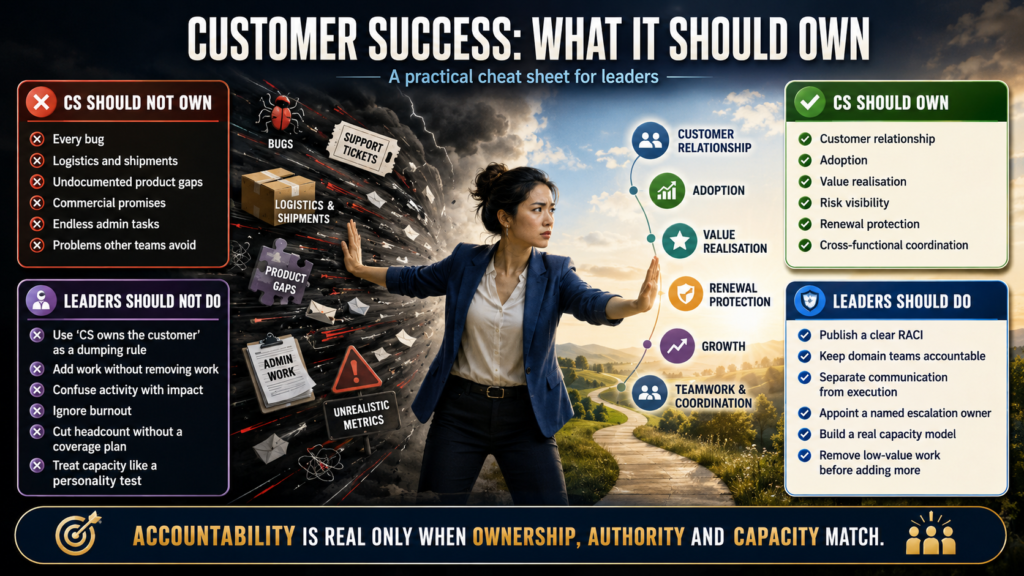 A Customer Success leader separating bugs, logistics, product gaps and admin work from customer relationships, adoption, value realisation, renewals and growth.
