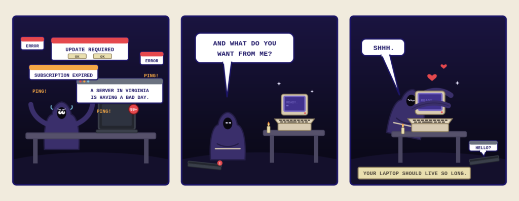 Three-panel comic: a hooded figure flails amid laptop popup alerts including "A server in Virginia is having a bad day," asks an old beige computer what it wants, then hugs its monitor, which only says READY.