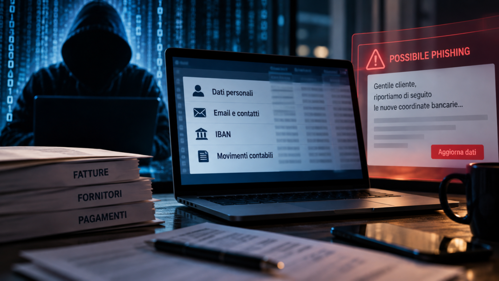 Hacker accessing personal data, IBANs and accounting records beside a phishing warning