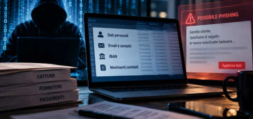 Hacker accessing personal data, IBANs and accounting records beside a phishing warning