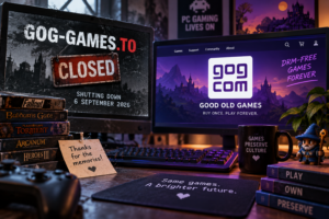 Illustration of two monitors showing a GOG-Games.to closure notice and a GOG.com-inspired storefront, surrounded by retro games.