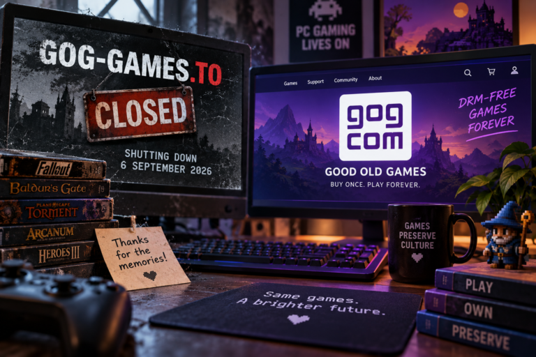 Illustration of two monitors showing a GOG-Games.to closure notice and a GOG.com-inspired storefront, surrounded by retro games.