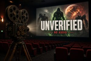 Vintage film camera with spinning reels in an empty movie theater, filming a big screen that shows a hooded silhouette, two robot figures, a burning planet, and the words “UNVERIFIED” and “NO AUDIO.”