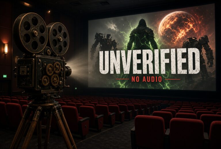 Vintage film camera with spinning reels in an empty movie theater, filming a big screen that shows a hooded silhouette, two robot figures, a burning planet, and the words “UNVERIFIED” and “NO AUDIO.”