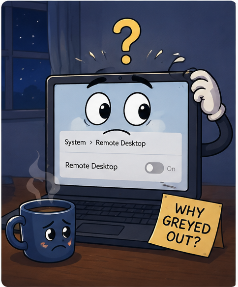 Cartoon laptop looking confused at a greyed-out Windows Remote Desktop setting.