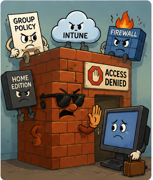 Cartoon Group Policy, Intune, Windows Home Edition and Firewall characters blocking Remote Desktop access.