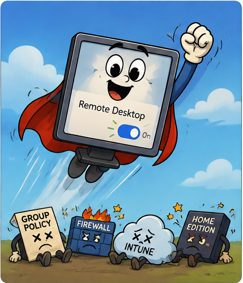 Cartoon Remote Desktop superhero flying after defeating Group Policy, Intune, Firewall and Windows Home Edition problems.
